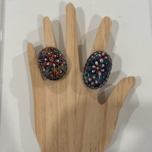 New | Bundle of 2 Indian Hand-painted Oxidized Adjustable Rings